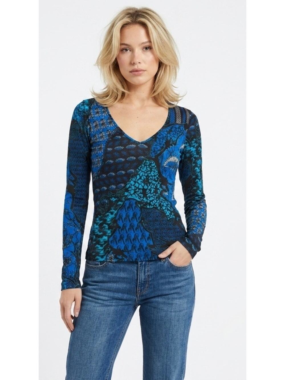 Versace Jeans Vintage Blue Geometric Floral Print Long Sleeve V-neck Top size 4